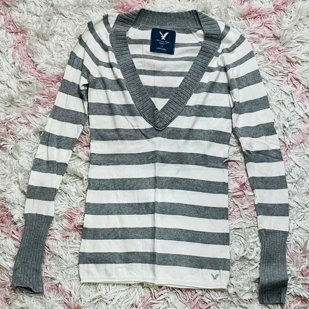 Gray and white striped sweater